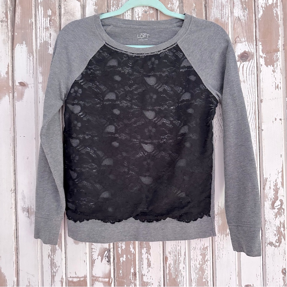Ann Taylor Loft, Gray Sweatshirt With Black Lace Front Detail, Small